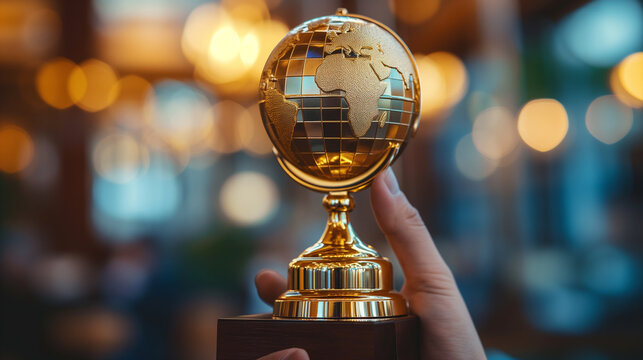 Global recognition concept. Presenting gold globe, selective focus.