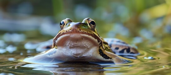A true frog, a terrestrial amphibian, is swimming in the liquid environment of a lake, captured by macro photography.