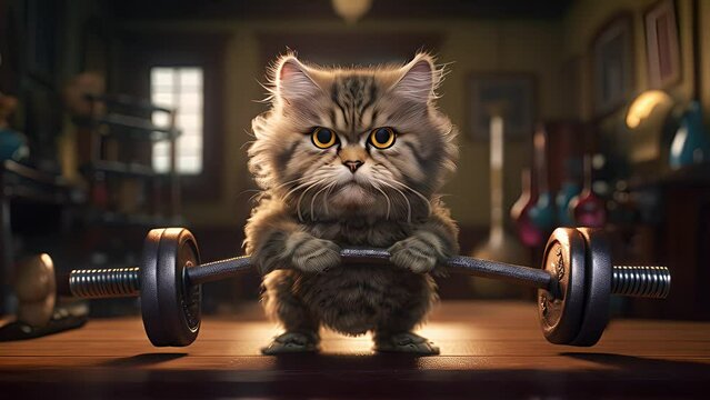 Adorable cat lifting weights. Created with Generative AI.	
