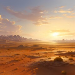 Fototapeta na wymiar An expansive desert landscape at sunrise, with dunes stretching as far as the eye can see, bathed in warm, golden light
