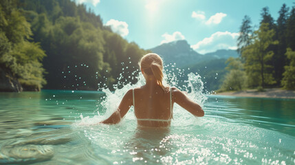 Playful woman splashing in a crystal-clear lake on a hot summer day.