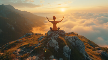 Radiant woman practicing yoga on a tranquil mountaintop at sunrise.