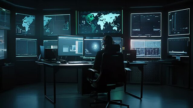 cyber criminal hacking system at monitors hacker. Created with generative AI.	