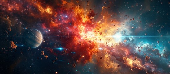 Chaotic cosmic space engulfs human spaceship, depicted in 3D.