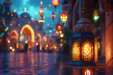 A vibrant, colorful mosque and a glowing lantern on a night in Ramadan. - obrazy, fototapety, plakaty