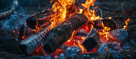 Stock photo of a forest bonfire with dry logs burning intensely