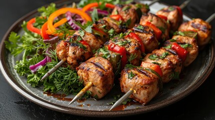 Tantalizing Skewered Kebab Delight on the plate on the table.