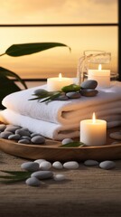 Obraz na płótnie Canvas A Spa and health care services Decorated with candles, spa stones and salt on a wooden background. White towels with bamboo sticks and candles for relaxing spa massages and body treatments.