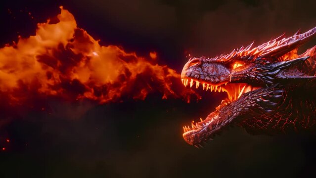 a dragon spews fire