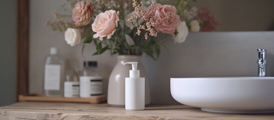A bathroom sink adorned with a lovely vase of pink and violet flowers, adding a touch of natural beauty to the wooden counter.