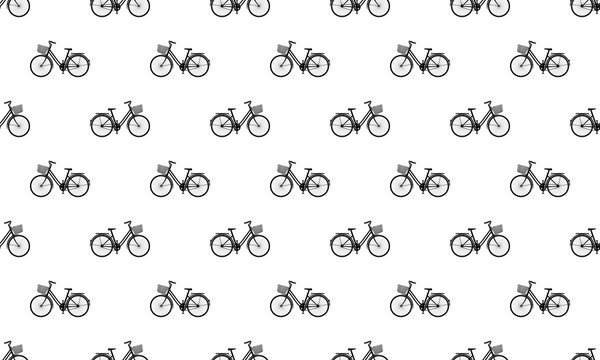 Black vintage bicycles seamless pattern on white background. Vector Repeating Texture.