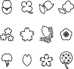 花　アイコン　あしらい　ピクトグラム　ロゴ　かわいい　シンプル　線画　白黒　イラスト素材セット
