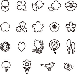 花　アイコン　あしらい　ピクトグラム　ロゴ　かわいい　シンプル　線画　白黒　イラスト素材セット
