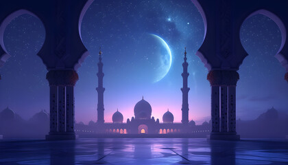 Arab arch with mosque, Ramadan concept. A serene and spiritual image representing Islamic culture and tradition. - obrazy, fototapety, plakaty
