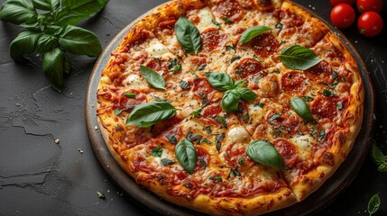 Pizza Perfection: Top View Presentation on wooden tray on dark background.