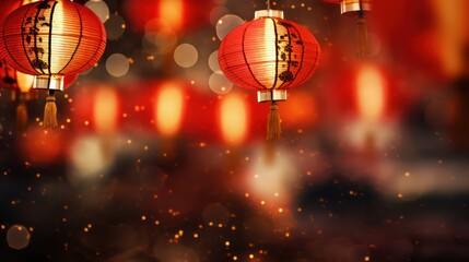 A Chinese red lanterns on a happy Chinese New Year night adorning the Chinese community, clear details of Chinese lanterns, bokeh blur background, out of focus city lights.