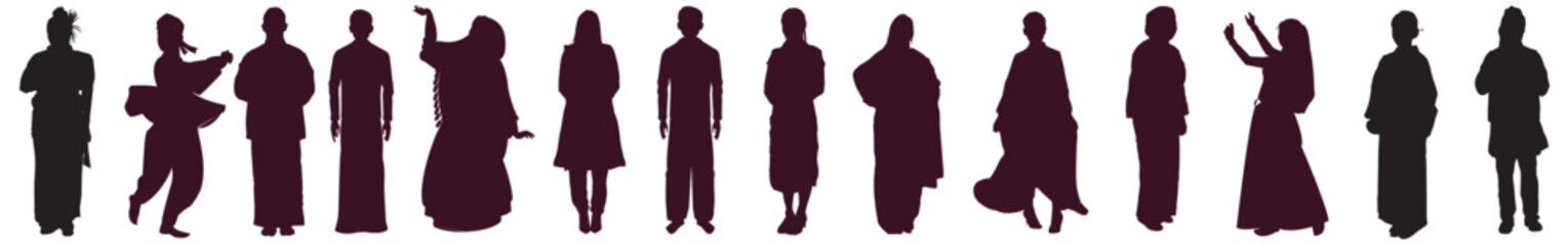 silhouette of a different cultural people in traditional dress - obrazy, fototapety, plakaty