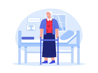 Aged woman using walker. Nursing home vector illustration.