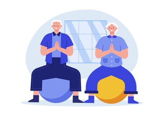 Aged people doing yoga. Nursing home vector illustration.