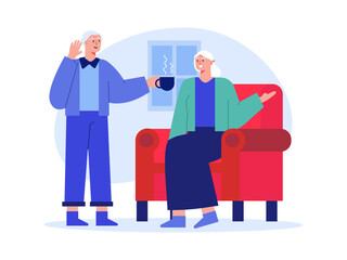 Aged man giving coffee to aged woman. Nursing home vector illustration.