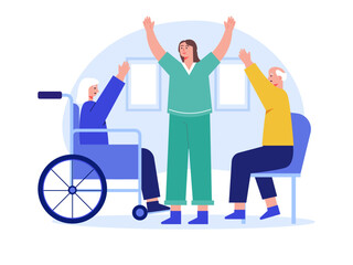 Female nurse conducting laughing exercise class. Nursing home vector illustration.