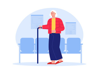 Senior woman walking using stick. Nursing home vector illustration.