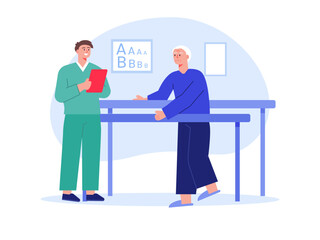 Male nurse helping aged man with walker exercise. Nursing home vector illustration.