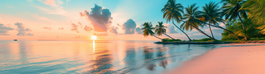 Tropical Beach With Palm Trees and Setting Sun