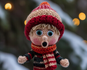 a home alone Christmas crochet doll wearing a red sweater, red scarf, green pants. background has a winter accent and bokeh elements.