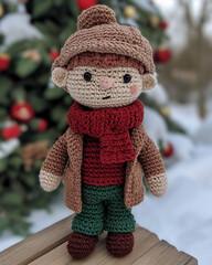 crochet doll of wearing a hat, brown coat, red sweater, red scarf, green pants. background has a winter accent and bokeh elements.