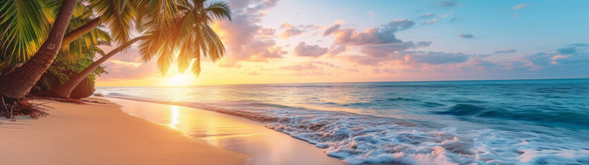A Beach With Palm Trees and the Sun Setting