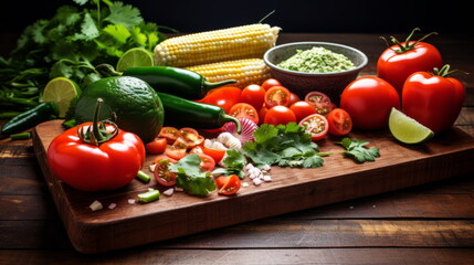 assortment of fresh produce, including corn on the cob, tomatoes, bell peppers, and green onions, laid out on a kitchen counter for a nutritious corn salad