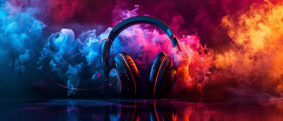 Headphones Floating in Water Surrounded by Colored Smoke