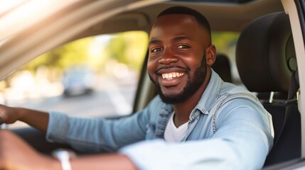 Happy young African American man driving a car