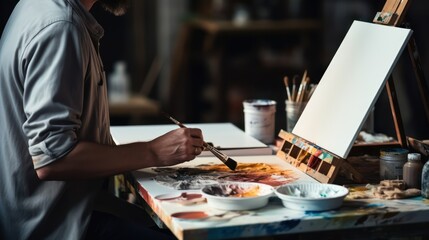 Art, close up of artist with palette and brush painting still life on paper at studio. perfection, realistic photos.