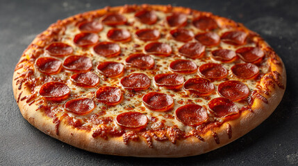 food photography of a warm delicious cheesy pepperoni pizza on black concrete background.