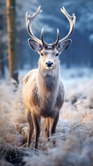 Fototapeta premium A reindeer stands on the frosted grass on an early winter morning in a snowy pine forest. winter animals, beautiful scenery