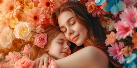 Obraz na płótnie Canvas Happy Mother and Daughter Enjoying Quality Time Together. Joyful Mom Embracing Her Daughter Surrounded by Flowers. Heartwarming and Emotionally Resonant for Mother's Day
