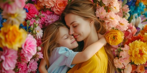 Fototapeta premium Happy Mother and Daughter Enjoying Quality Time Together. Joyful Mom Embracing Her Daughter Surrounded by Flowers. Heartwarming and Emotionally Resonant for Mother's Day