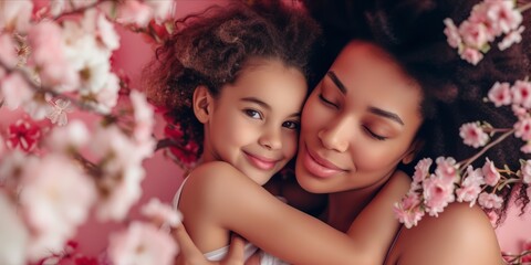 Happy Mother and Daughter Enjoying Quality Time Together. Joyful Mom Embracing Her Daughter Surrounded by Flowers. Heartwarming and Emotionally Resonant for Mother's Day
