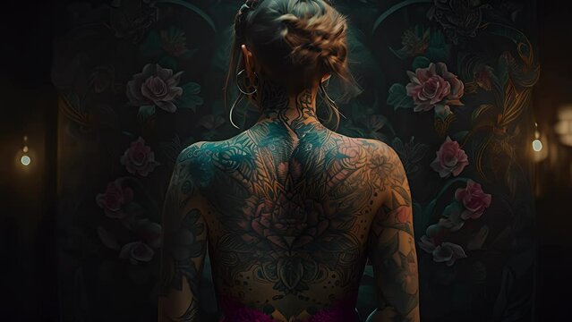 rear view of young woman with tattooed back. Created with generative AI.	
