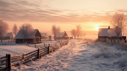 Fototapeta na wymiar A Sunrise on a winter morning, rural northern village with snow, warm morning lights.