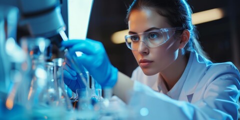 Young female scientist using a micropipette in a medical research lab. The analysis of biochemical samples. Advanced scientific lab for medicine, microbiology and biotechnology development