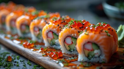 Array of Sushi Rolls on Wooden Tray