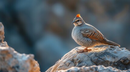 Nestled within a rocky landscape, a Chukar partridge is captured in a moment of graceful repose. 