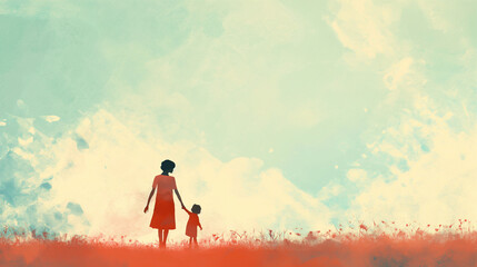 an illustration showing love and grief with mother and child. grief of a child or Mother illustration concept with Mother and child holding hands crossing over.