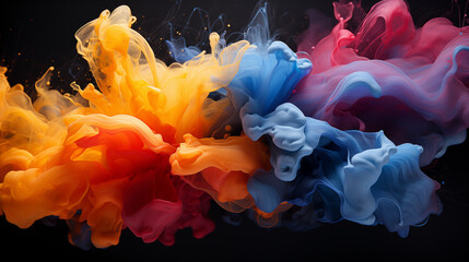 Abstract background with acrylic blue and red hues diffusing in water, resembling ink blot explosion patterns. and colorful dust particles - obrazy, fototapety, plakaty