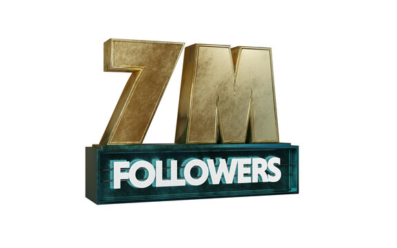 Golden 7m or seven Million banner isolated on background, realistic 3d gold illustration Graphic font, shiny text for Social Network friends, followers.