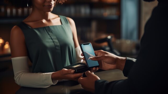 A Close up of female customer holding smartphone paying for order using modern simple e-wallet technology. The waiter provides a card reader for the customer to conduct a cashless payment transaction.
