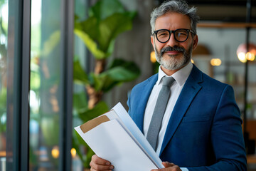 Busy middle aged executive manager with white beard and glasses holding document. Neural network generated image. Not based on any actual person or scene.